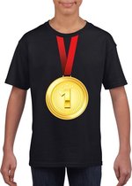 Gouden medaille kampioen shirt zwart jongens en meisjes - Winnaar shirt Nr 1 kinderen 122/128