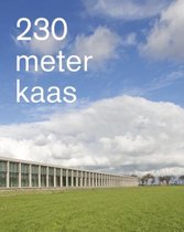 Lange glazen gevel van een gebouw met de tekst '230 meter kaas' erop, tegen een blauwe lucht met wolken.