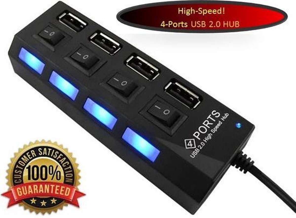 High Speed 4 Ports 2.0 USB hub Multi oplaadadapter met aan/uit knop en led verlichting.
