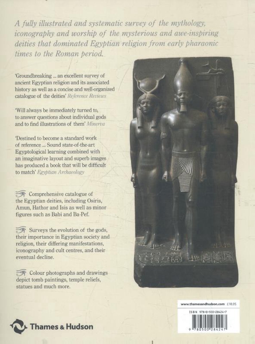 Dos du livre "The Complete Gods and Goddesses of Ancient Egypt" avec image de statues égyptiennes et texte.