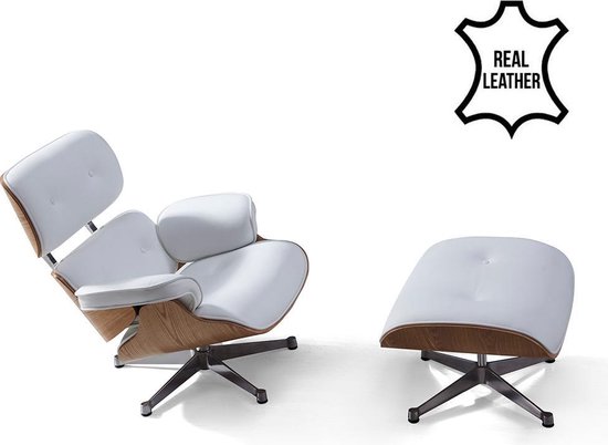 Eames Lounge Chair replica met Ottoman hocker - Wit leder met essenhout |  bol.com