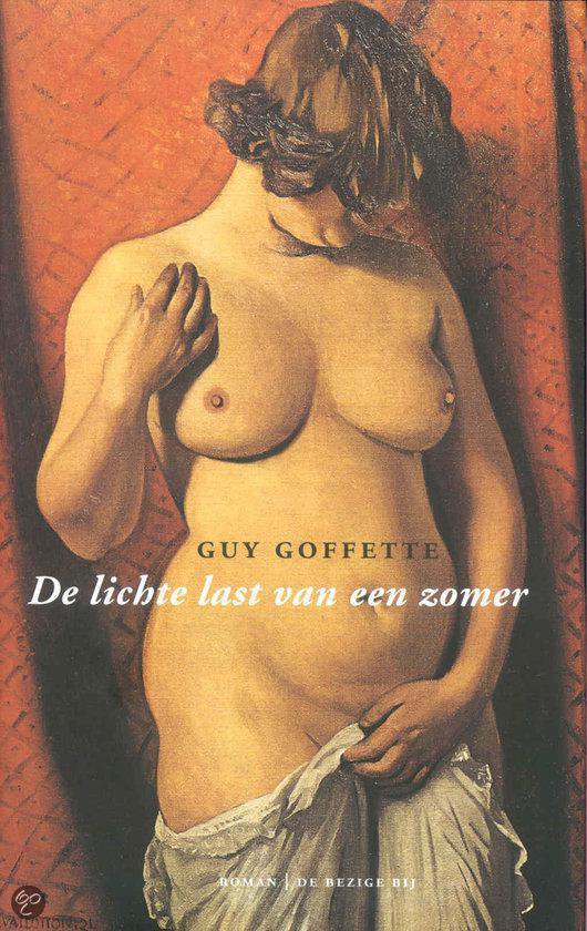 Boekcover met schilderij van een naakte vrouw in ivoorkleurige jurk, 'Guy Goffette De lichte last van een zomer'.
