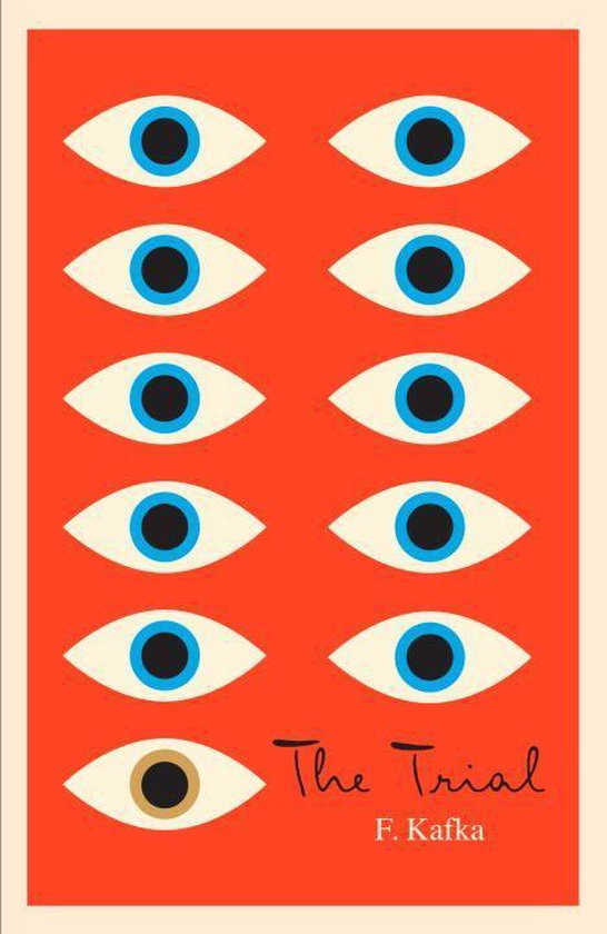 Boek kaft met twaalf ogen op een rode achtergrond. De onderste oog heeft een bruine iris. Titel 'The Trial' en 'F. Kafka'.