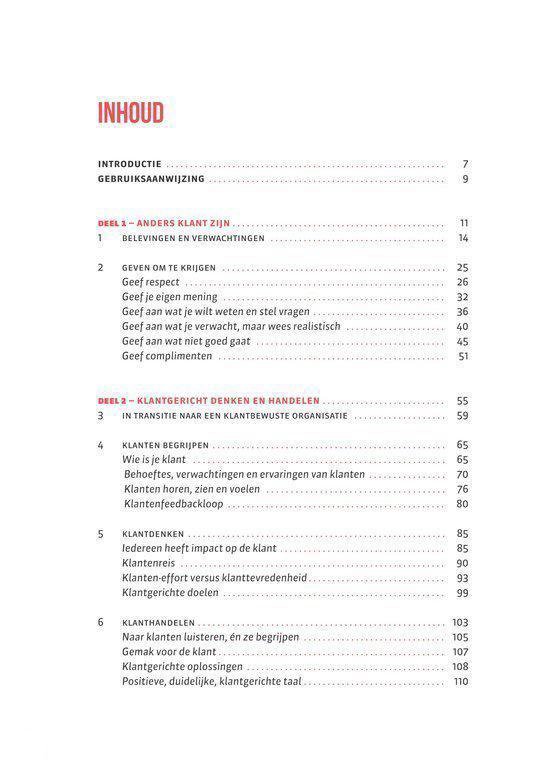 Pagina met de titel 'INHOUD' in rode letters, gevolgd door een inhoudsopgave.