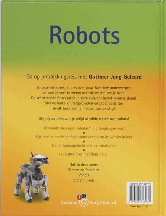 Achterkant van het boek "Robots", met een afbeelding van een robot en informatie over de serie.