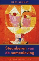 Boek met een kleurrijk, abstract portret in het midden en de titel 'Steunberen van de samenleving'.