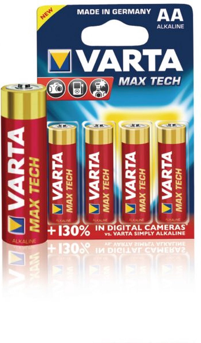 Varta 4706 Alkaline Max Tech AA Batteries, 4 Pack (Blue/Red)