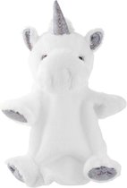 Pluche wit/zilveren eenhoorn handpop knuffel 25 cm - Eenhoorns mystieke dieren knuffels - Poppentheater speelgoed kinderen