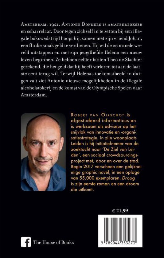 Achterkant van het boek "Droog" met informatie over de auteur en de prijs.