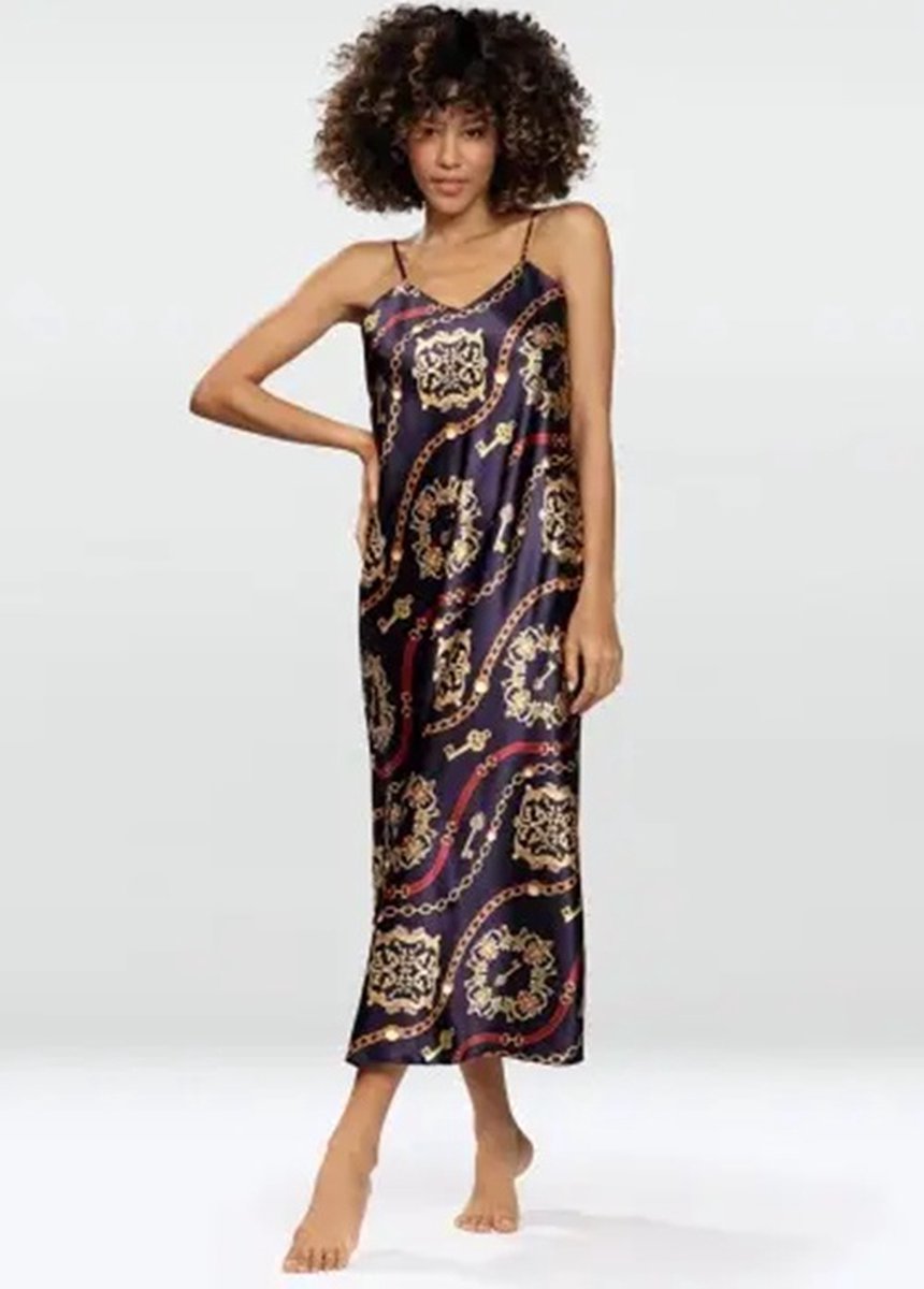 DKaren Hoogwardige satijn slipdress met gouden patroon kleurrijk