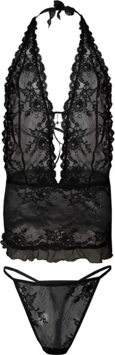 Verleidelijke lingerie set uit kant - kanten chemise en string - DKaren Hailey set - zwart S