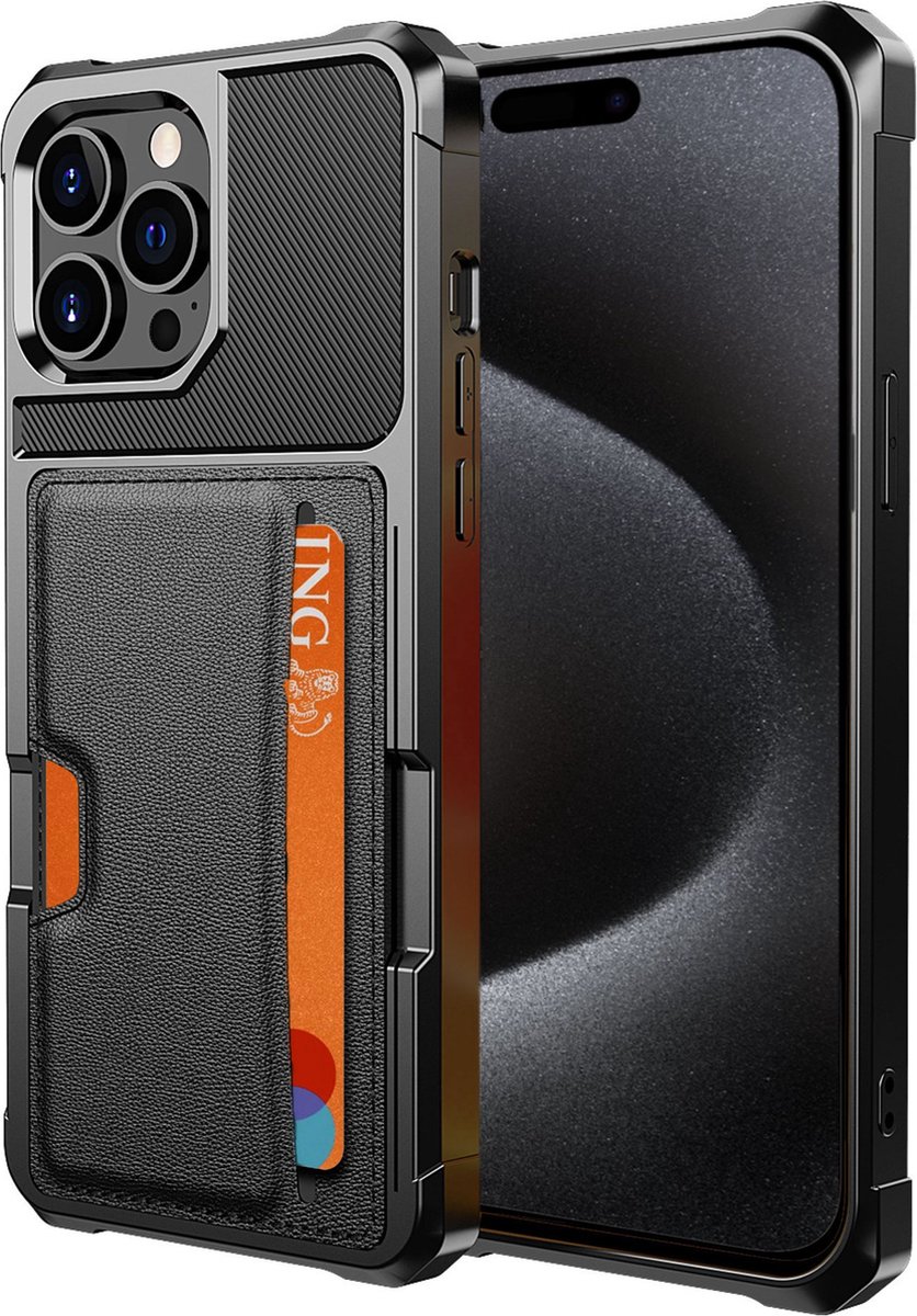 Geschikt voor iPhone 15 Pro Pasjes houder Hoesje – Pasjes houder Hoesje - Heavy Duty Case - Magnetisch Portemonnee Hoesje Cover - Zwart