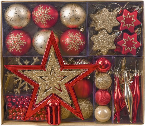 Set van 52 rode en gouden kerstversieringen in een doos, inclusief sterren, ballen en een piek.