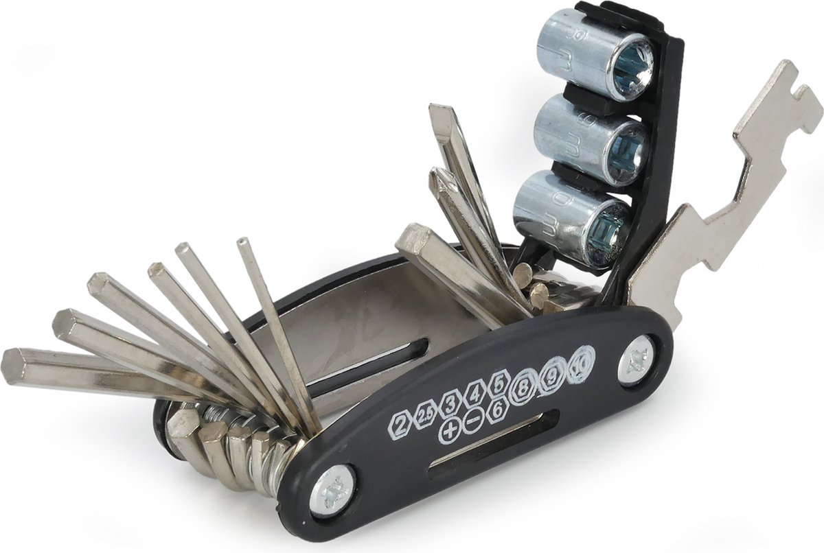 Intirilife Multifunctionele 16 in 1 stalen fiets multitool reparatie gereedschap in Zwart - Voor mountainbiken wandelen klimmen en kamperen