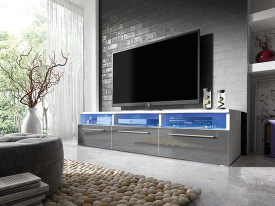 TV meubel ROMA, TV meubel, wit + grijs hoogglans, breedte 150 cm, moderne kast met lades.