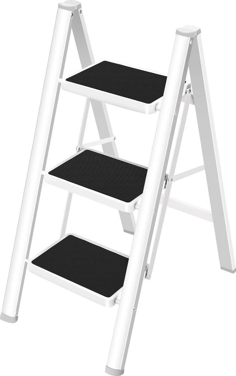 3-staps opvouwbare ladder met brede antislip pedaal, opstapje met een capaciteit van 150 kg, wit.