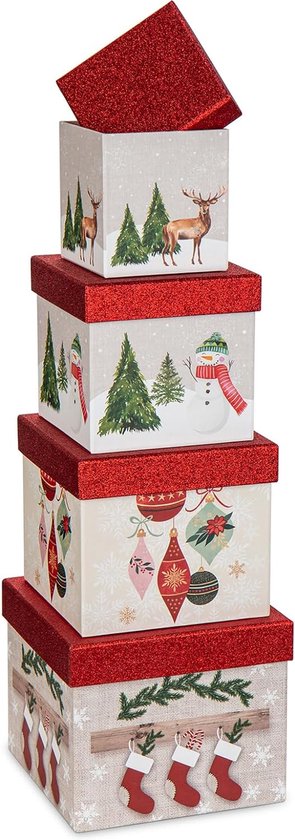 Set de 4 Boîtes de rangement pour cadeaux de Noël avec couvercle, boîte cadeau carrée, boîtes en carton, boîtes d'organisation, boîte cadeau pour cadeau de Noël