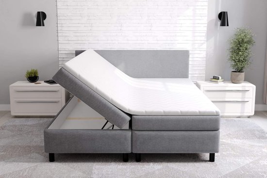 Sommier tapissier Complet Erolla - 180x200cm - Lit avec espace de rangement - tissu gris - avec matelas et surmatelas de 8 cm d'épaisseur - sièges et lits