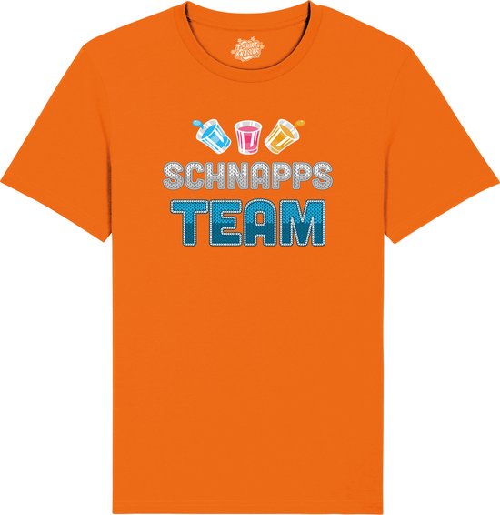 Schnapps Team - Grappige Apres Ski Wintersport Kleding - Mannen / Vrouwen / Unisex - Foute Ski en Snowboard Vakantie Outfit Cadeau - Unisex T-Shirt - Oranje - Maat 4XL