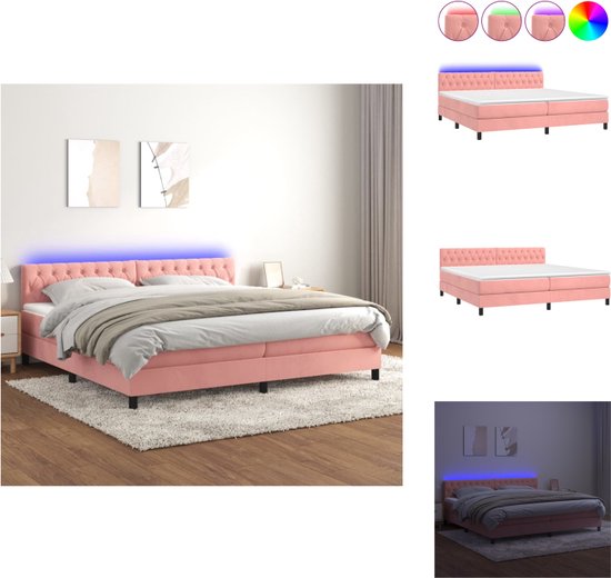 vidaXL Boxspring Bed - Roze Fluweel - 203 x 200 x 78/88 cm - Pocketvering Matras - Huidvriendelijk topmatras - Met Kleurrijke LED - Bed