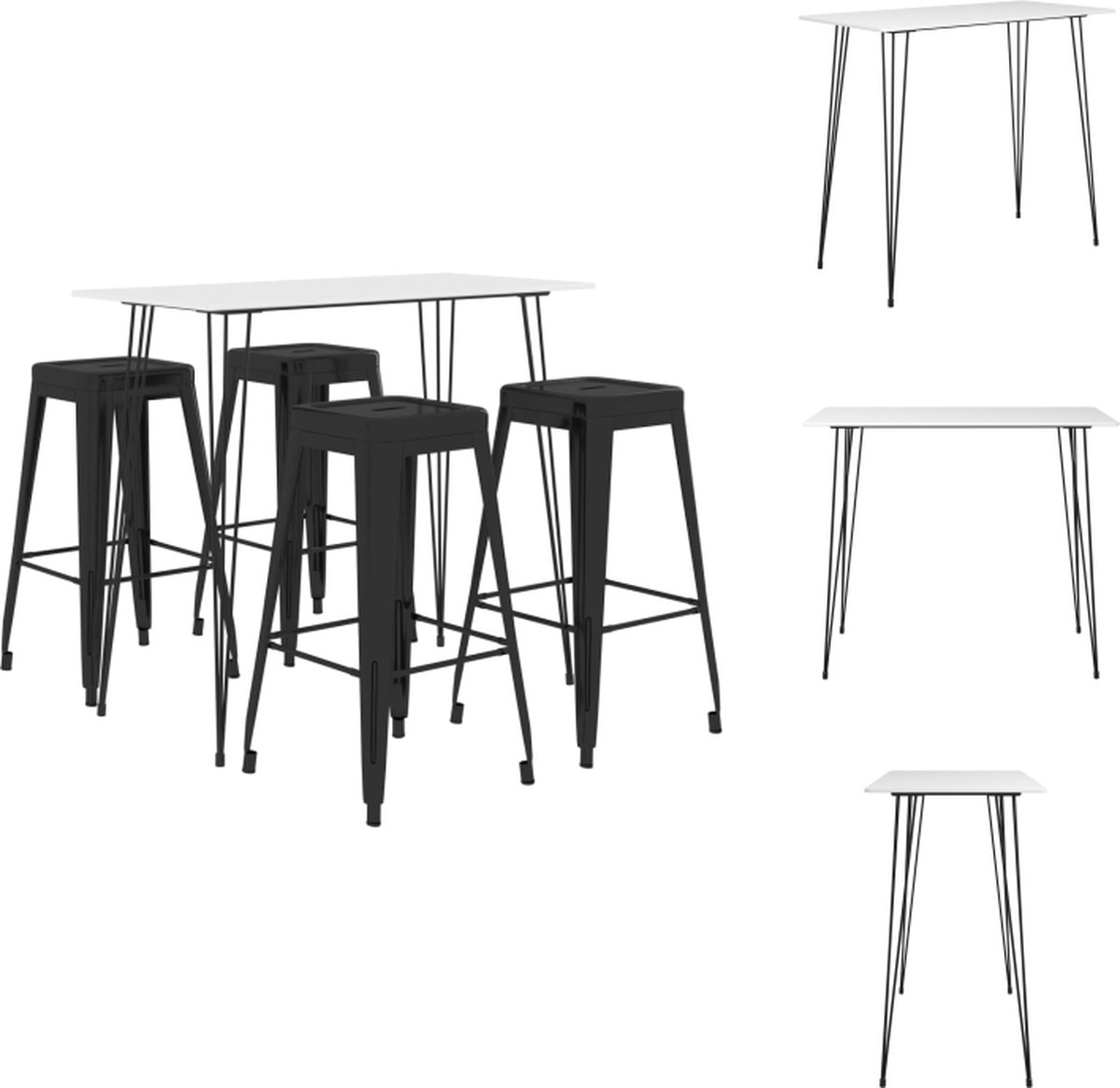 VidaXL Bartafel en 4 barkrukken Wit MDF en metaal Tafel- 120x60x105 cm Krukken- 43x43x77 cm Stapelbaar Set tafel en stoelen