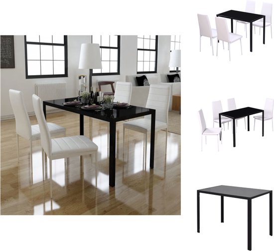 vidaXL Eetkamerset - 5-delig - Gehard glas - Kunstleer - Zwart/wit - 105x60x74 cm - Set tafel en stoelen