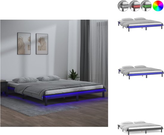 vidaXL Houten Bedframe - LED-verlichting - 140x190 cm - Grijs - Bed