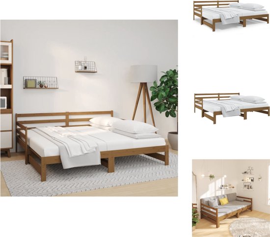 vidaXL Houten Slaapbank - Massief grenenhout - Uitschuifbaar - Honingbruin - 193.5 x 181 x 69.5 cm - Geschikte matras 90 x 190 cm - 2 stuks matrassen vereist - Bed