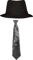 Carnaval verkleed set - hoedje en stropdas - zwart - dames/heren - glimmende verkleedkleding