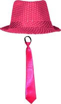 Toppers - Carnaval verkleed set - hoedje en stropdas - fuchsia roze - dames/heren