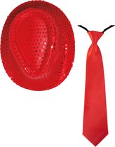 Toppers in concert - Carnaval verkleed set - hoedje en stropdas - rood - dames/heren - glimmende verkleedkleding