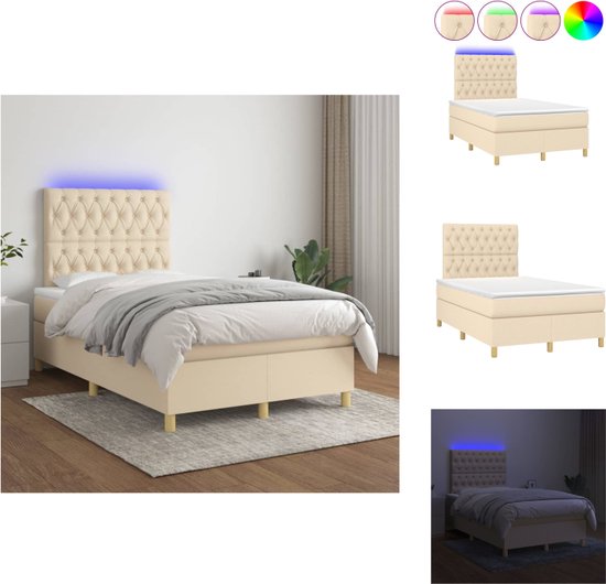 vidaXL Boxspring Crème LED 120x200 - Duurzaam - Verstelbaar hoofdbord - Kleurrijke LED-verlichting - Pocketvering matras - Huidvriendelijk topmatras - Montagehandleiding - Bed