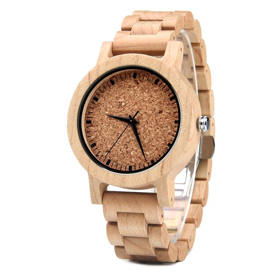 HO23-A24p - Licht houten horloge, band houten schakels, horlogesluiting ** KADO edelsteen armband