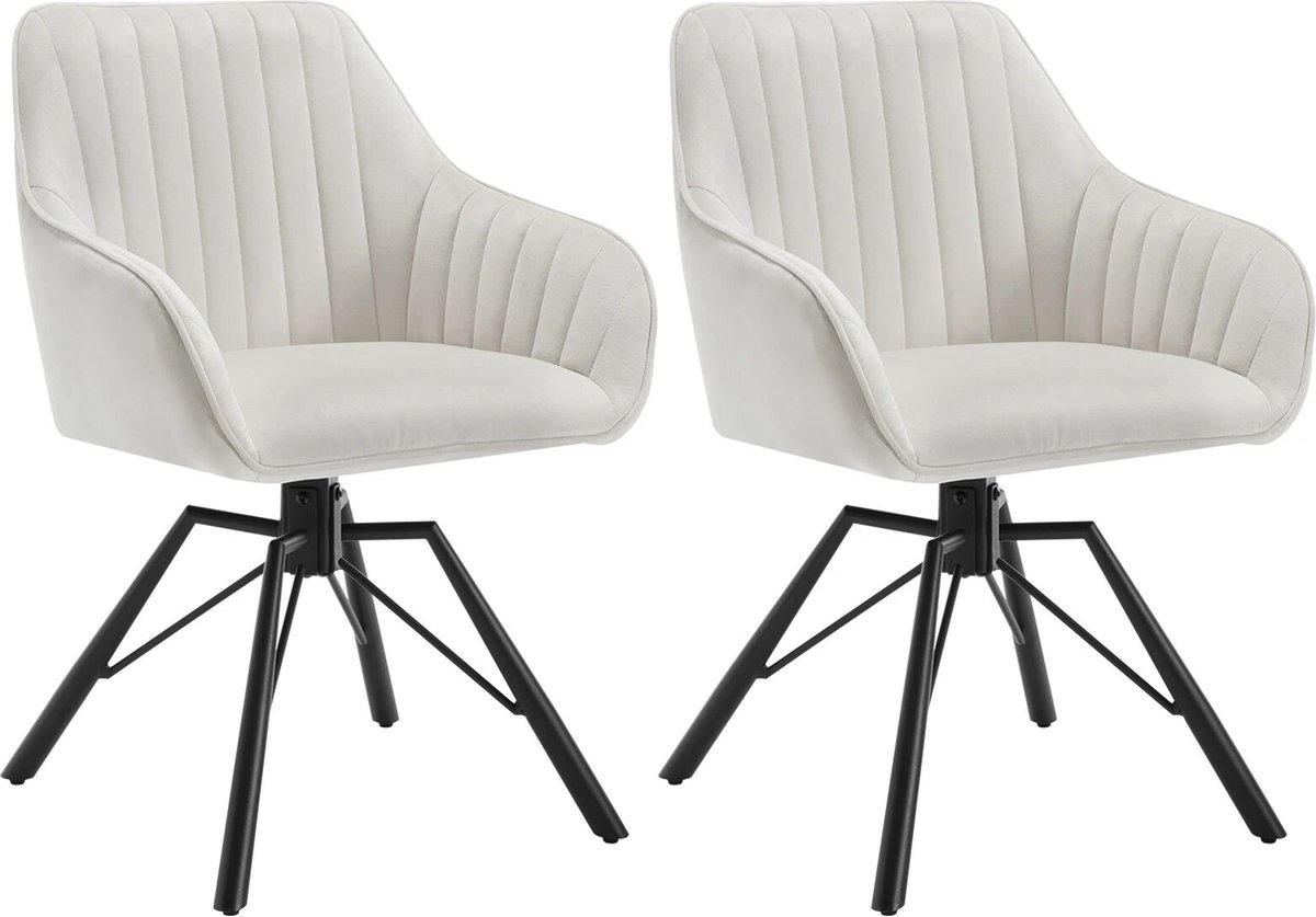 BukkitBow Moderne Eetkamerstoelen Velvet / Fluweel - Met rugleuning en Armleuning met Strepen Patroon en 360 Graden Draaibaar - Set van 2 Stuks - Crème / Wit