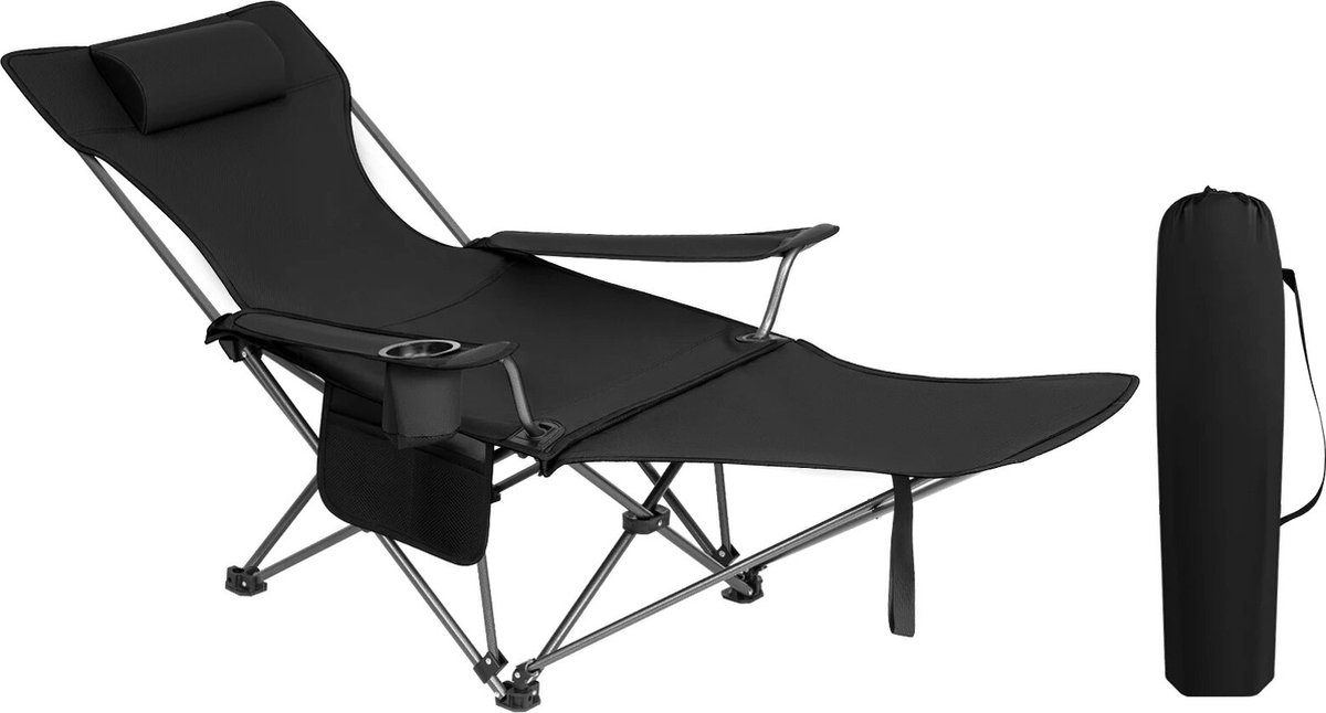 BukkitBow - Luxe Uitgebreide Visstoel / Campingstoel - met Bekerhouder en Voetensteun - met Opbergvak en Hoge Belastbaarheid - Inklapbaar en met Reistas - Zwart