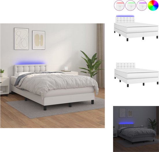 vidaXL Boxspring Bed - Wit - 203x120x78/88 cm - Kunstleer - Met LED strip - Pocketvering matras - Huidvriendelijk topmatras - Bed