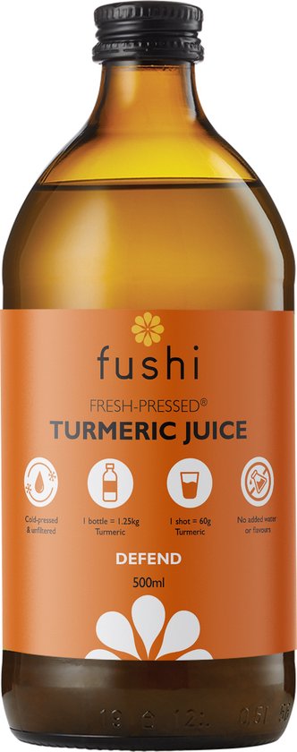 Fles met Fushi verse kurkumasap, 500 ml. Oranje etiket met bloem en tekst.