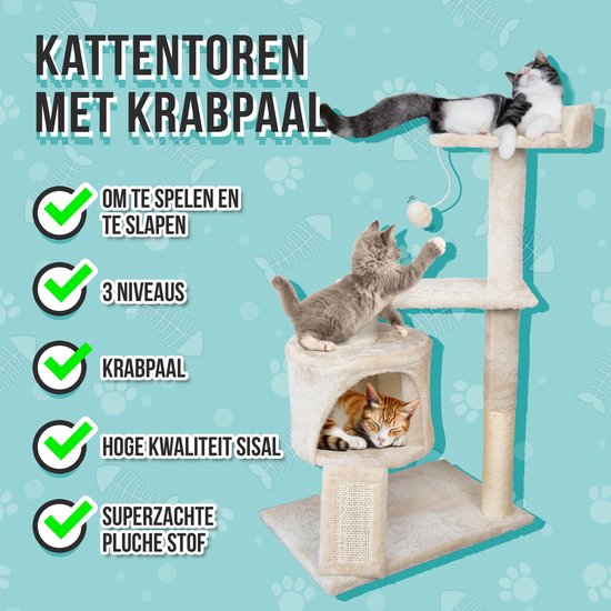 Arbre À Chat - Panier Et Jouets Pour Chat - 3 Niveaux - Corde En Sisal - 50 X 35 X 88 Cm - Planche À Gratter - Tapis À Gratter - Maison Pour Chat - Lit Pour Chat - Poteau À Chat - Griffoir - Meuble Pour Chat - Tour À Chat - Jouets - Beige - Petville