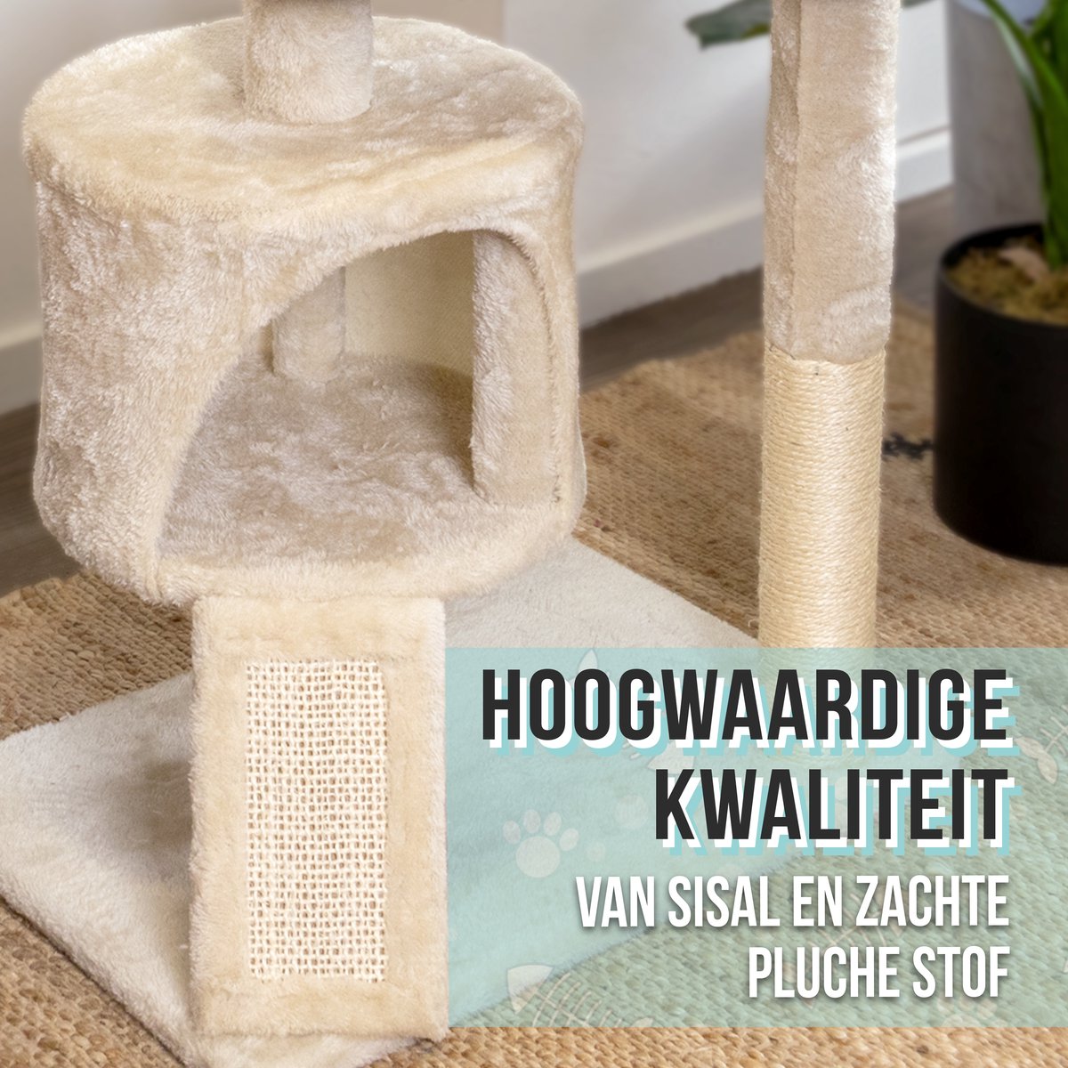Krabpaal voor Katten - Kattenmand & Kattenspeelgoed - 3 Niveaus - Sisal Touw - 50 x 35 x 88 cm - Krabplank - Krabmat - Kattenhuis - Kattenbed - Kattenpaal - Krabton - Kattenmeubel - Kattentoren - Kattenspeeltjes - Kattenboom - Beige - PetVille – foto 7