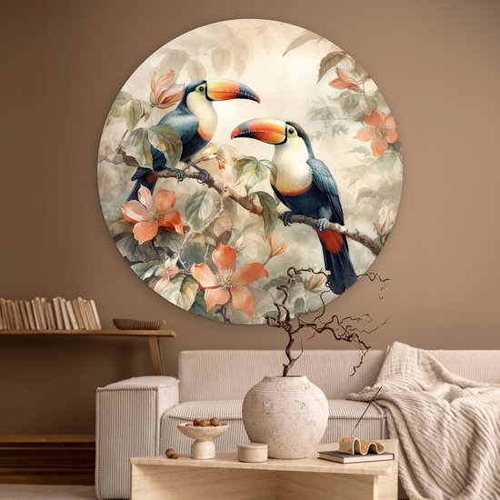 WallCircle - Wandcirkel 120x120 - Toekan - Vogels - Bloemen - Tak - Ronde schilderijen woonkamer - Wandbord rond - Muurdecoratie cirkel - Kamer decoratie binnen - Wanddecoratie muurcirkel - Woonaccessoires XXL