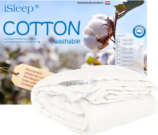 Witte iSleep Cotton wasbare katoenen dekbed met label 'Natuurproduct, UITSTEKENDE vochtregulerende, Anti-allergisch, indien nodig wasbaar tot 90°C, Comfortabel en droog slaapklimaat'.