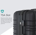 Close-up van het TSA-slot op een zwarte koffer. Tekst: 'TSA Slot'.