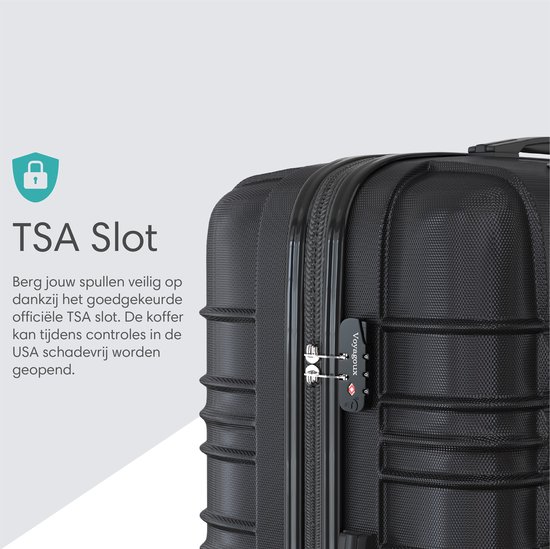 Close-up van het TSA-slot op een zwarte koffer. Tekst: 'TSA Slot'.