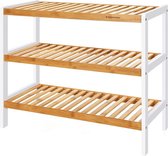 Rootz Schoenenrek - Bamboe Met 3 Niveaus - Schoenenopbergrek - Ingang Schoenenrek - Schoenenorganizer - Schoenenkast - Bamboe - Naturel + Wit - 70 x 55 x 26 cm (B x H x D)