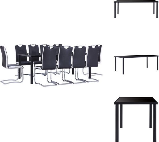 vidaXL Eetset - Eettafel en 10 Eetkamerstoelen - 200x100x75 cm - Zwart - Gehard glas - metaal - kunstleer - staal - Set tafel en stoelen