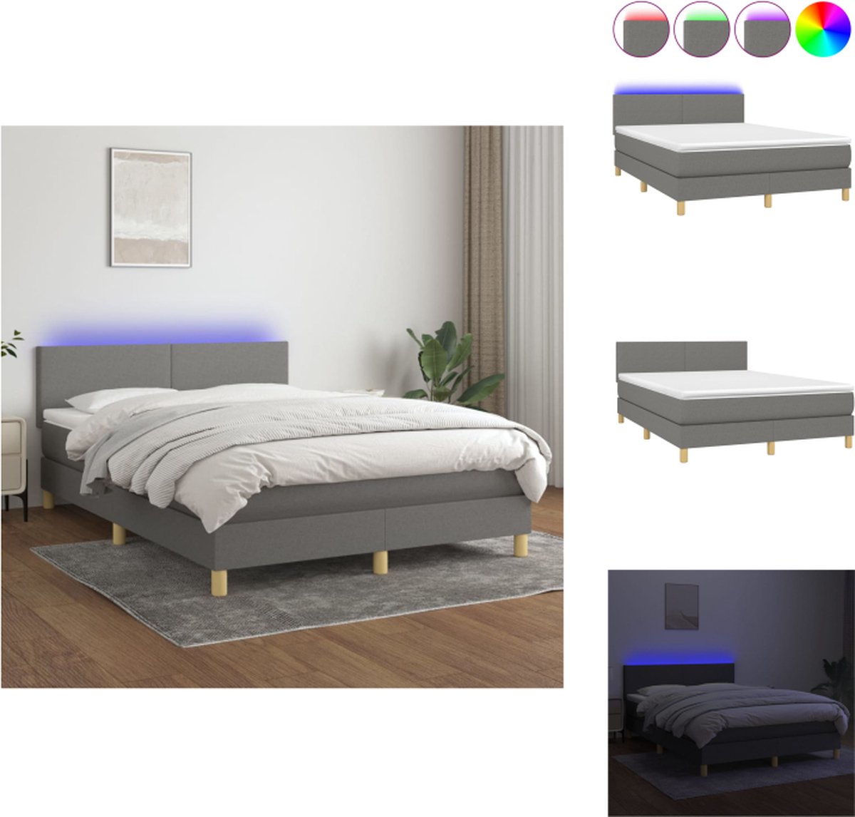 VidaXL Boxspring LED Bed 193x144x78 88 cm Donkergrijs stof Bed