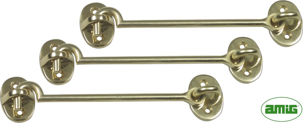 AMIG Windhaak ⌀5 x 125mm - 3 stuks - Geborsteld Messing - Corrosiebestendig - Kajuithaak - Deurvastzetter voor Buiten - Stevig - Geweldige Kwaliteit
