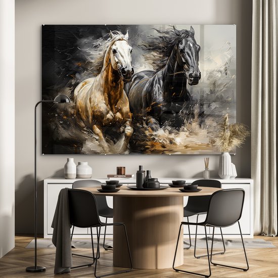 MuchoWow® Peinture sur verre 180x120 cm - Peinture sur verre acrylique - Paarden - Zwart - Wit - Animaux - Photo sur verre - Décoration murale salon - Décoration murale chambre - Peintures