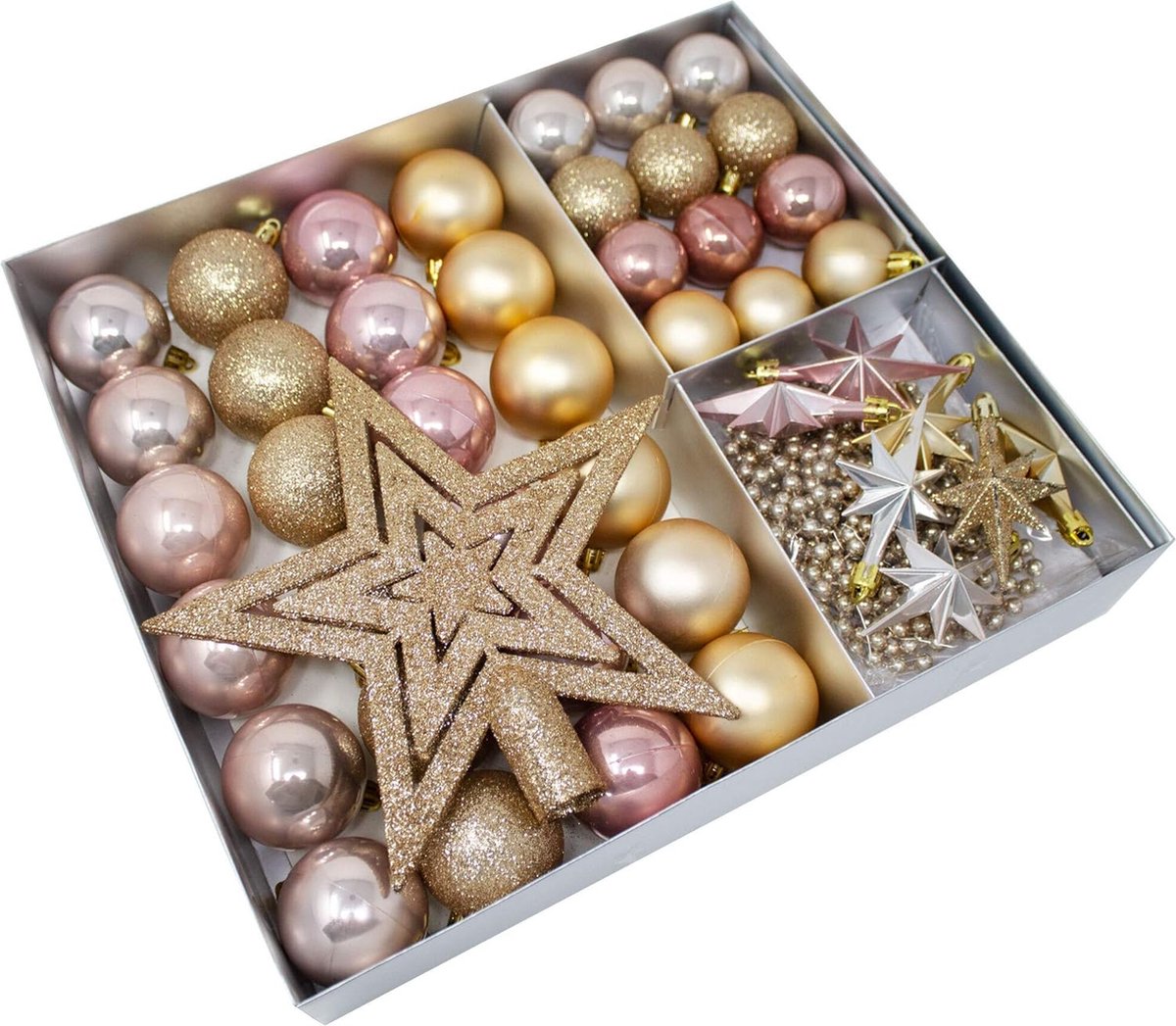 Kerstboomversiering kerstballen sterren parelketting 45-delige set (roségoud)