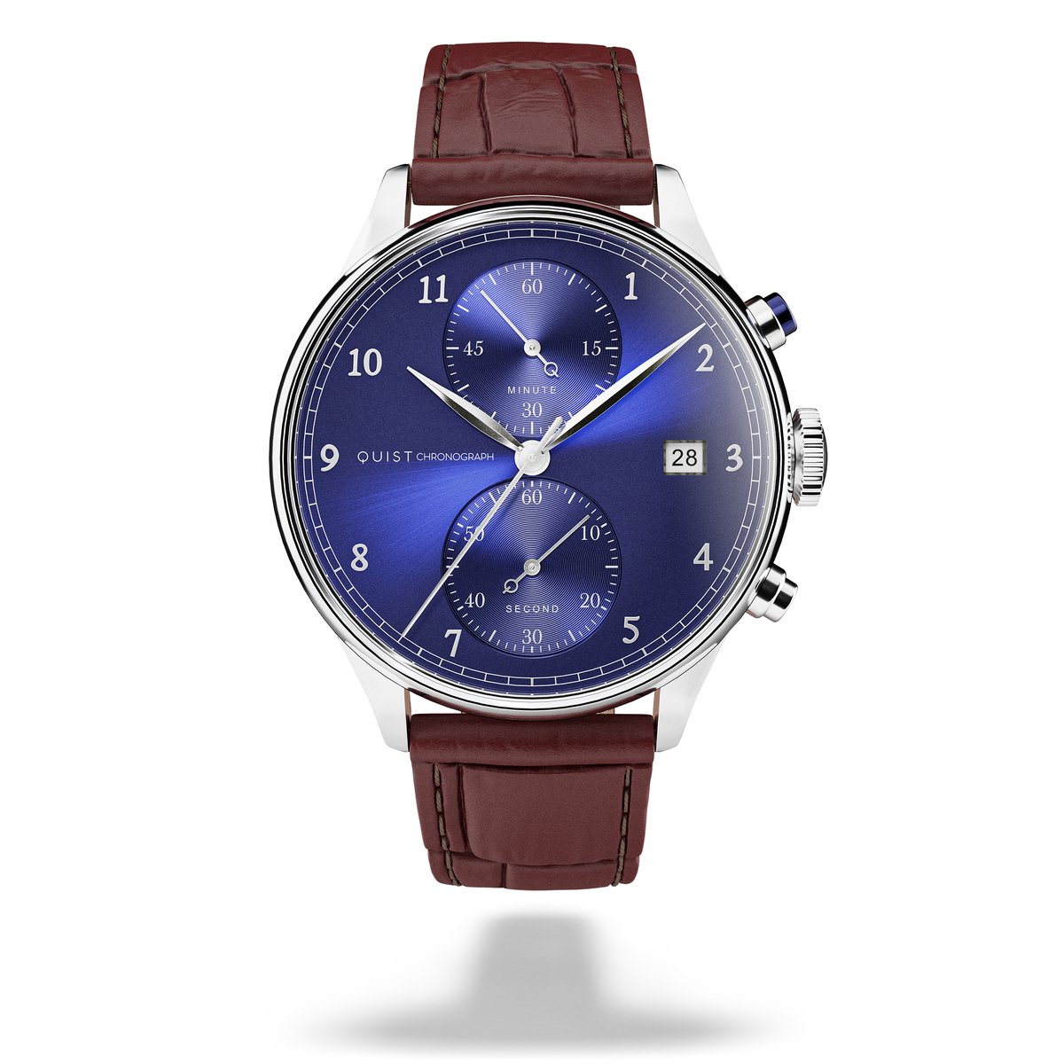 QUIST - Chronograph herenhorloge - zilver - blauwe wijzerplaat - bruine croco lederen horlogeband - 41mm